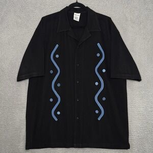 Designs By Attila Mens‎ Retro Bowling Shirt Blue Geometric on Black Sz XL Button